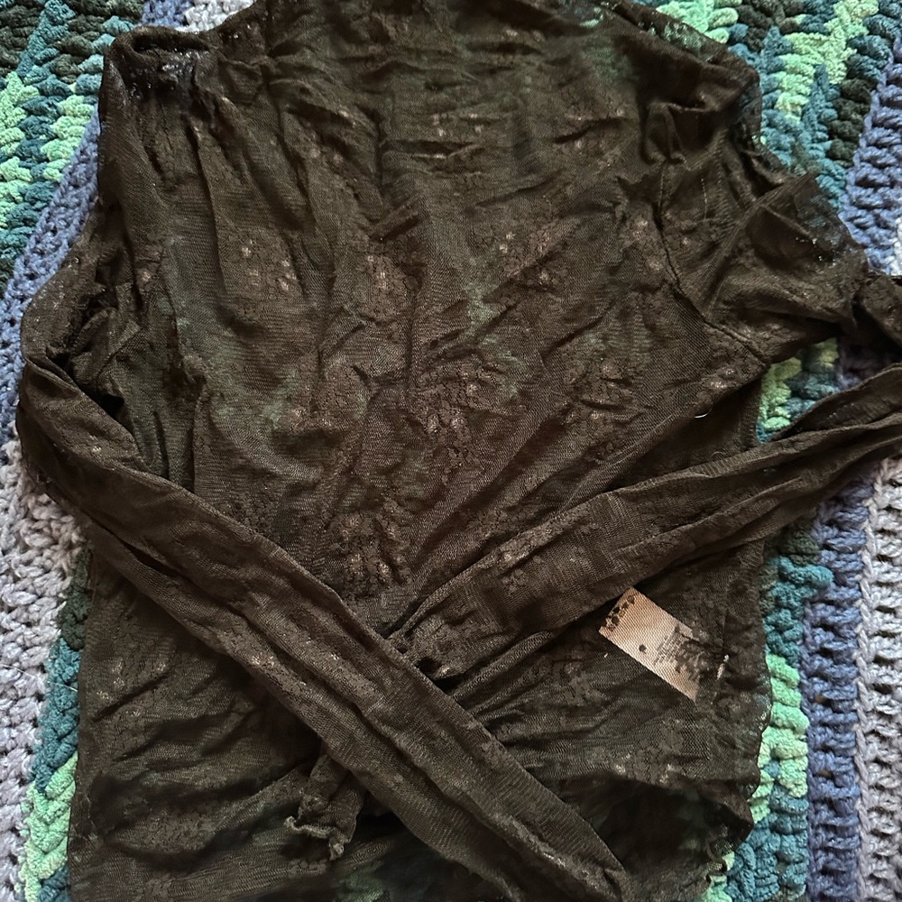 Garage Black Sheer Knit Top with Teal Crochet Detail